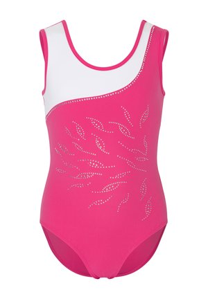 Sleeveless pink leotard with white upper chest, adorned with silver rhinestone leaf patterns and trim along the neckline.