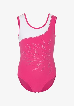 Ärmelloser rosa Gymnastikanzug mit weißem oberen Brustbereich, verziert mit silbernen Strassstein-Blattmustern und einer Einfassung entlang des Halsausschnitts.