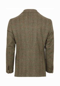 Blazer met herringbonepatroon in bruine en groene tinten, met een gestructureerde kraag, dubbele rugventilatie en knoopschoenen.