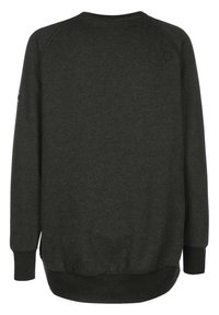 Dark gray sweatshirt with long sleeves, ribbed cuffs, and hem. Soft texture with a slight stretch. Features a logo near the shoulder.