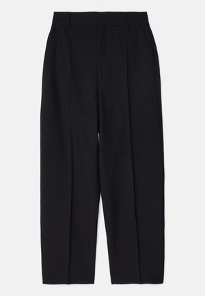 Black tailored trousers with a straight fit, made of a smooth fabric, featuring front pleats and side pockets.