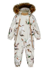 Bērnu puffy snowsuit bēšā krāsā ar zaķu rakstu. Iekļauj mākslīgā kažoka odere kapucē, rāvējslēdzēju un elastīgas aproces siltumam.