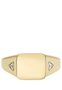 Goldring mit flacher quadratischer Oberfläche, ausgestattet mit zwei dreieckigen klaren Edelsteinen auf beiden Seiten. Glatte, polierte Oberfläche.