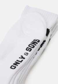 Chaussettes en coton blanches avec le texte noir "ONLY & SONS" imprimé sur les côtés. Elles offrent une texture lisse et un design standard de longueur mi-mollet.