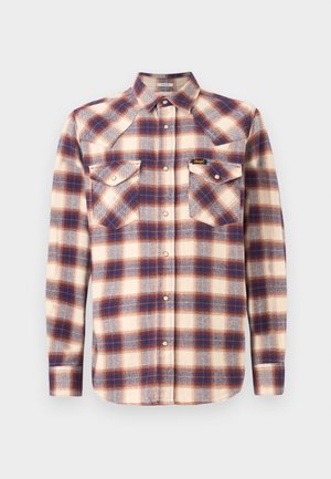 Langärmliges Hemd zum Knöpfen mit blauem, braunem und cremefarbenem Karomuster, zwei Brusttaschen mit Klappen und spitzem Kragen.