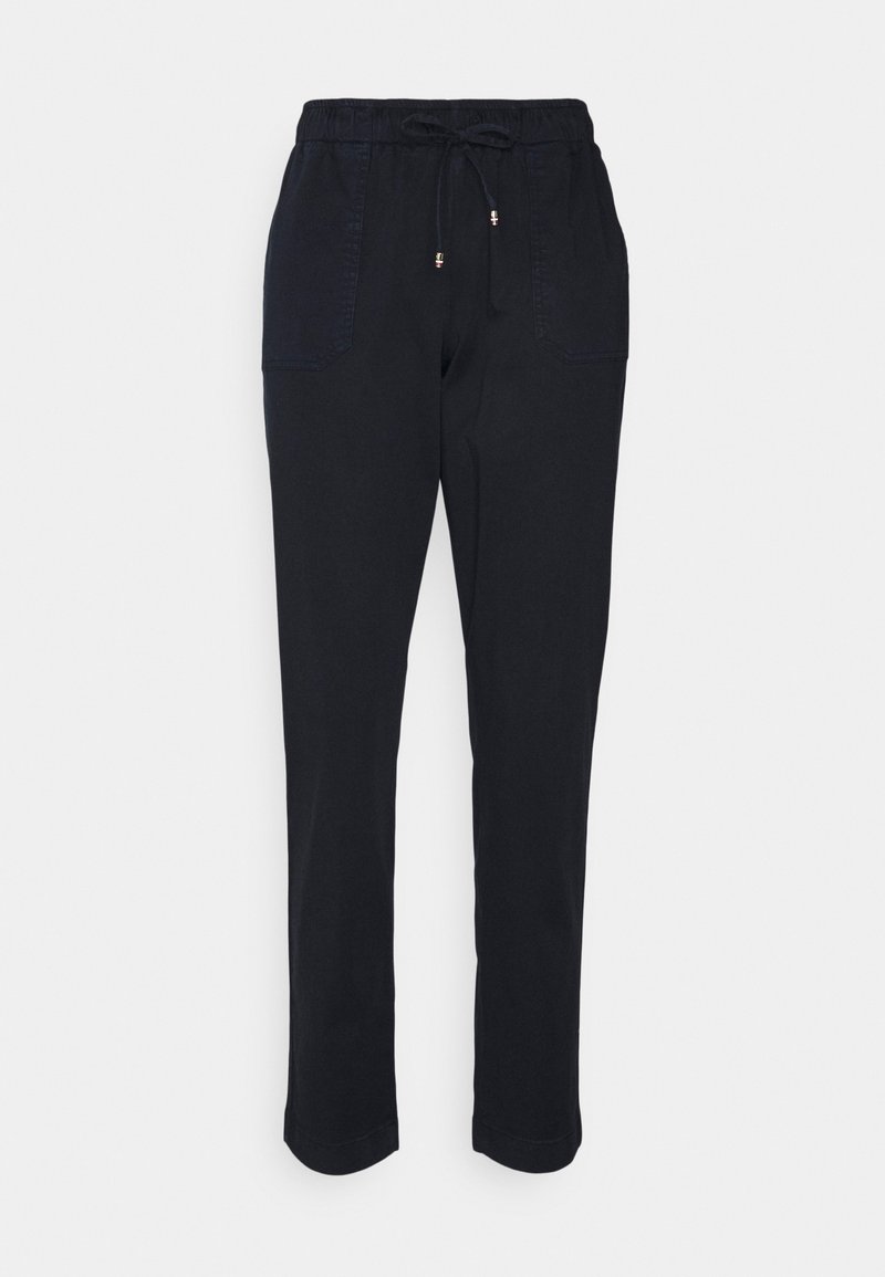 Pantalon noir droit avec taille élastique et cordon de serrage, avec poches plaquées à l'avant et coupe décontractée.