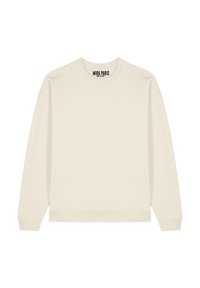 Felpa color crema realizzata in morbido tessuto, con scollatura rotonda, maniche lunghe e polsini e fondo a costine. L'etichetta del brand è visibile.
