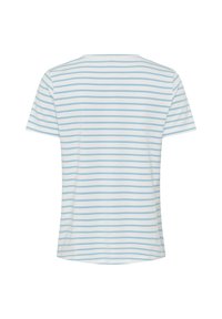 Kurzärmliges T-Shirt aus weichem Stoff, mit horizontalen hellblauen und weißen Streifen, einem runden Ausschnitt und lockerer Passform.