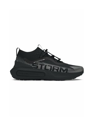 Black athletic shoe with a knit upper, prominent "STORM" graphic, textured midsole, and adjustable lacing system. Rubber outsole for grip.