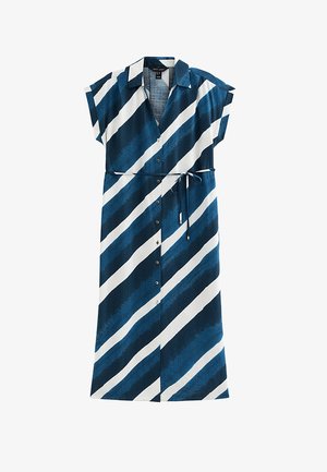 Blue and white diagonal striped short-sleeve button-down dress with a collar and a waist tie belt.