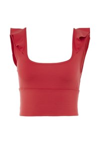 Top corto rosso realizzato in materiale elasticizzato, con scollatura quadrata, dettagli a volant sulle spalle e design aderente.