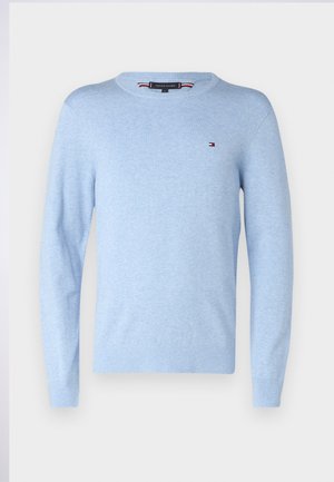 Light blue long-sleeve crewneck sweater with small Tommy Hilfiger logo on left chest on plain white background.