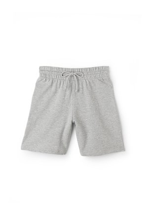 Light gray cotton shorts with elastic waistband and front tied drawstring, knee-length, laid flat on white background.