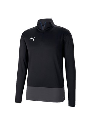Zwarte lange mouw polo met een halve ritssluiting, textuurstof, grijze onderpaneel en een witte logo-accent op de borst.