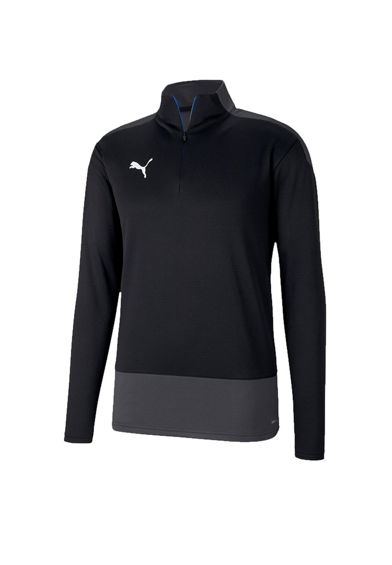 Zwarte lange mouw polo met een halve ritssluiting, textuurstof, grijze onderpaneel en een witte logo-accent op de borst.