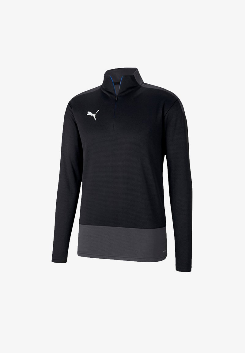 Zwarte lange mouw polo met een halve ritssluiting, textuurstof, grijze onderpaneel en een witte logo-accent op de borst.