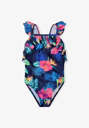 Floral one-piece swimsuit in navy with ruffled shoulder straps. Features vibrant pink and green tropical patterns on soft, stretchy fabric.