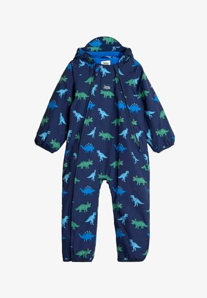 Jūros gelbėjimo vandeniui atsparus šuolininkas, puoštas dinozaurų raštu žalia ir mėlyna spalvomis, su gobtuvu, ilgomis rankovėmis ir priekiniais užtrauktukais.