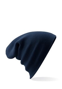 Navy blue knitted beanie with a slouchy design, featuring ribbed texture and a soft finish, suitable for layering or casual wear.