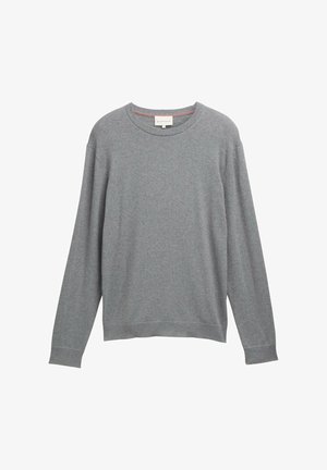 Maglione grigio a collo rotondo a maniche lunghe con polsini e orlo a costine, texture a maglia semplice e piccola etichetta all'interno del colletto.