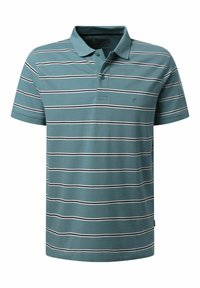 Polo shirt in teal met witte en zwarte horizontale strepen. Beschikt over een kraag, korte mouwen en een logo op de borst. Gemaakt van katoen.