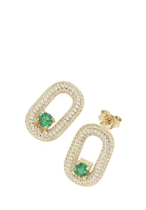 Gold earrings in an oval shape, adorned with sparkling clear stones and featuring a central green gemstone. Includes stud backings.