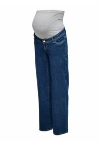 Jeans de maternidad en denim azul oscuro con una suave cinturilla elástica gris, que presentan un corte relajado y bolsillos delanteros.