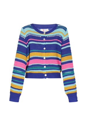 Cardigan a coste, accorciato, con strisce orizzontali multicolori in blu, giallo, rosa e verde. Presenta un collo rotondo e chiusura con bottoni.