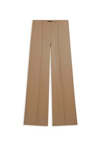 Pantaloni beige a gamba larga con due pieghe frontali, realizzati in un tessuto morbido. Presentano una cintura liscia e un piccolo dettaglio con logo vicino alla vita.