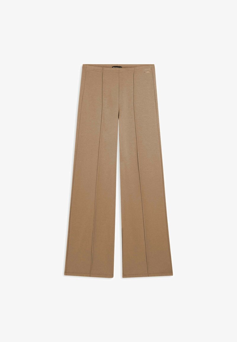 Pantalons larges beige avec deux plis à l'avant, fabriqués en tissu doux. Dotés d'une taille lisse et d'un petit logo près de la taille.