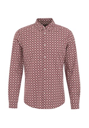 Camisa de manga larga con un patrón floral en rojo y blanco, cuello abotonado y corte regular; fabricada en una mezcla de algodón.