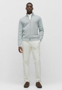 Lys grå zip-up sweater med høj krave, båret over en hvid skjorte, parret med cremede bukser og brune sko, stående foran en ensfarvet baggrund.
