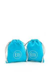 Due borse in tessuto turchese con coulisse e hardware argento, caratterizzate da un logo circolare "Elli" stampato in bianco. Texture morbida e design semplice.
