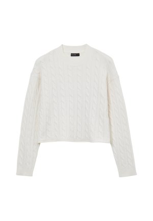 Pull en maille blanche avec un col rond, des manches longues et un design court. La texture présente des motifs entrelacés en relief.