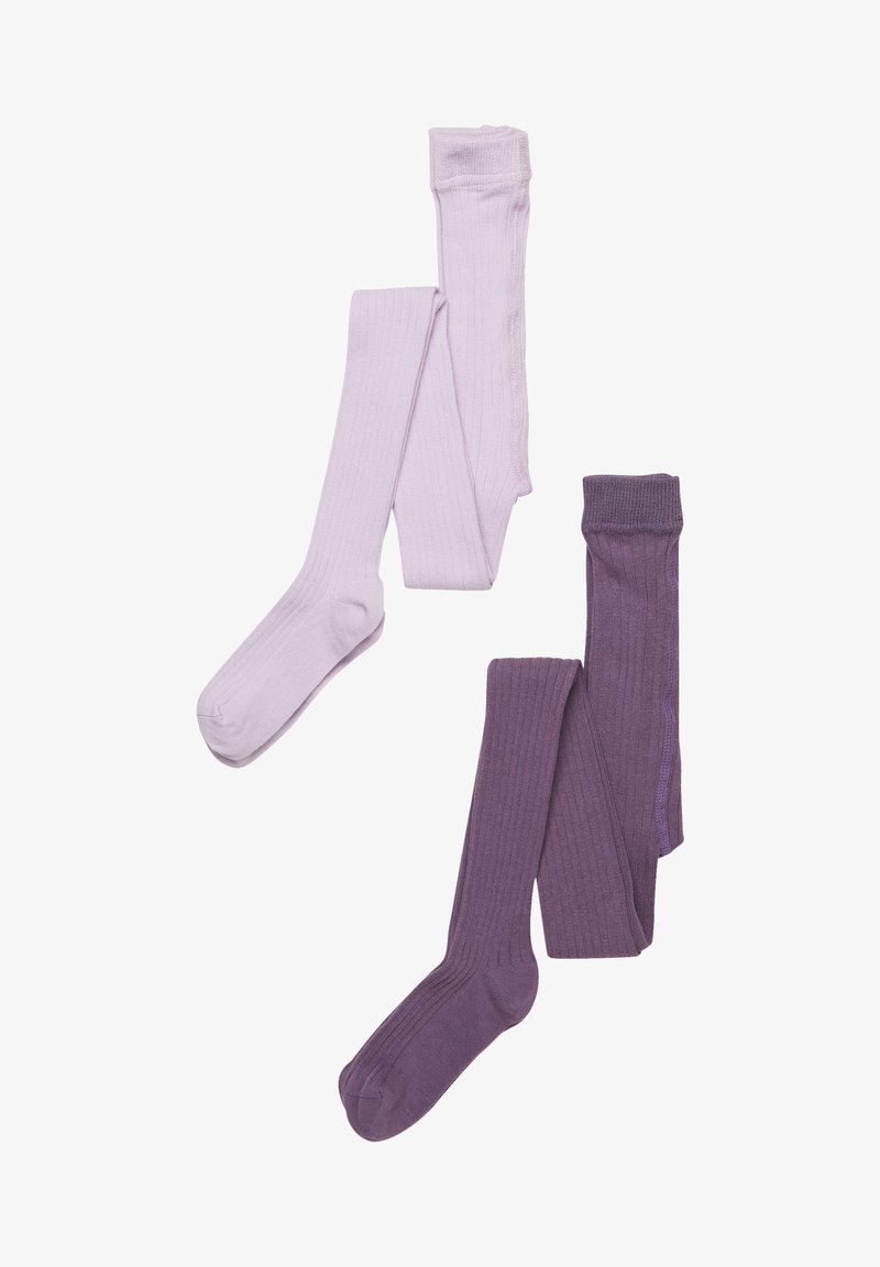 Deux paires de collants côtelés ; une en lavande clair et l'autre en violet profond. Chacune a un orteil arrondi et une texture douce et lisse.
