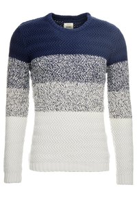 Marineblauw, wit en lichtgrijs gebreid sweater met een zigzagpatroon, ronde hals en lange mouwen met gestructureerde ribgebreide manchetten.