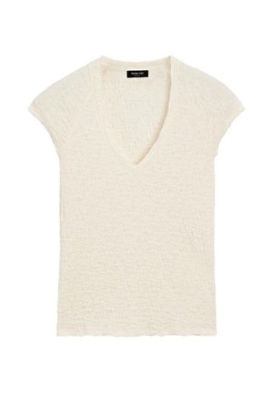 Haut en maille texturée crème à manches courtes, encolure en V et ourlet festonné, taille petite.