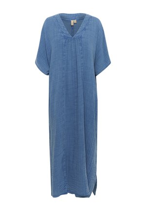 Blauwe, knielange jurk van textuurstof. V-hals en korte mouwen met een ontspannen pasvorm. Zijsplitten voor meer bewegingsvrijheid.