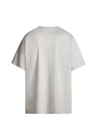 Lichtgrijze katoenen t-shirt, korte mouwen, ronde hals, eenvoudig ontwerp met een gladde textuur, geen extra patronen of accenten. Achteraanzicht weergegeven.
