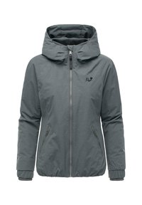 Dame grå hette vinterjakke med frontglidelås, glidelåslommer på siden og elastiske mansjetter, med en liten brodert logo på brystet.