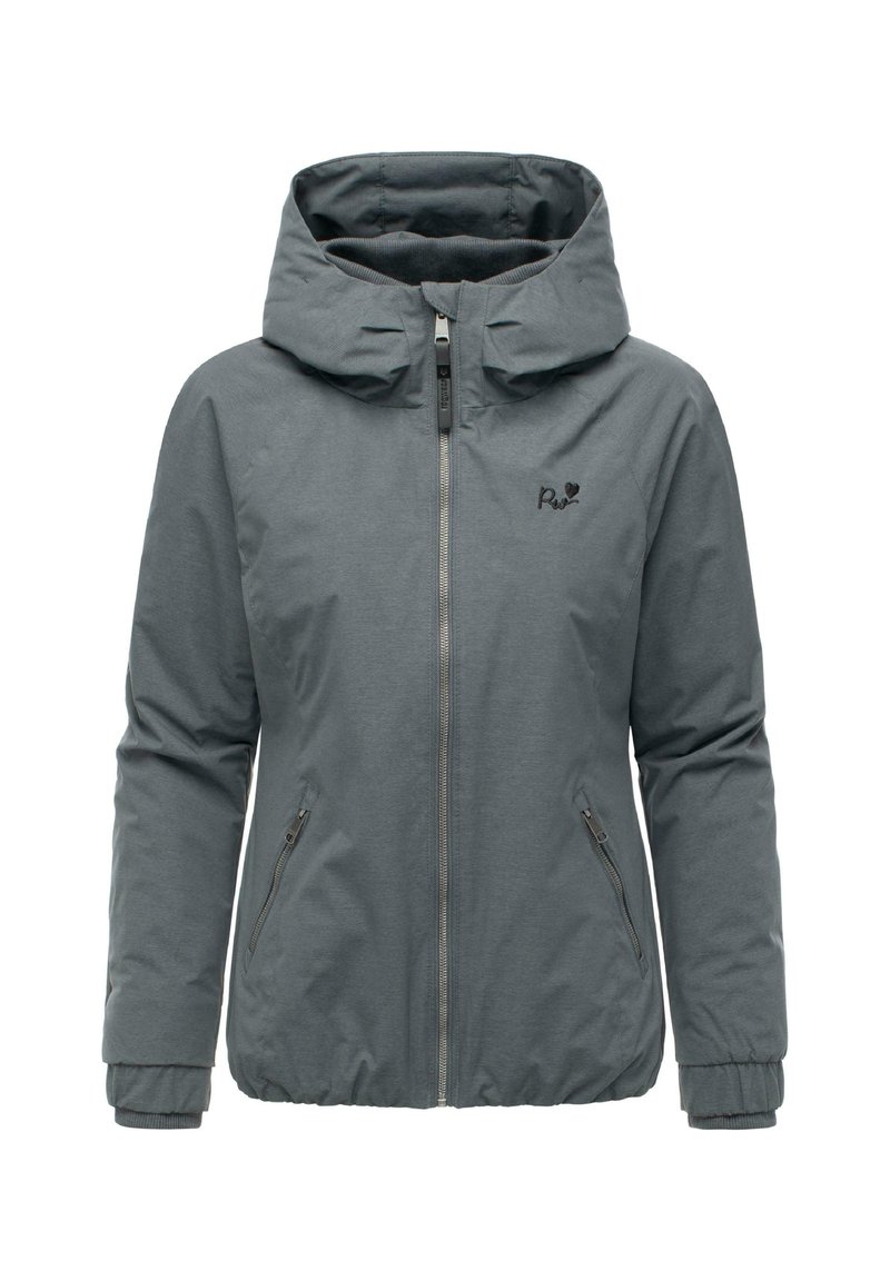 Dame grå hette vinterjakke med frontglidelås, glidelåslommer på siden og elastiske mansjetter, med en liten brodert logo på brystet.