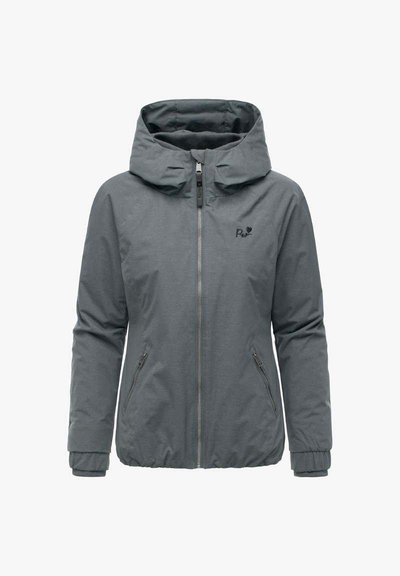 Dame grå hette vinterjakke med frontglidelås, glidelåslommer på siden og elastiske mansjetter, med en liten brodert logo på brystet.
