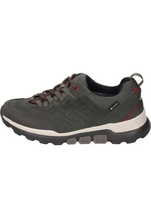Men's grey sneaker with dark accents, mesh and textile upper, textured sides, cushioned sole, and red laces. Features waterproof technology.