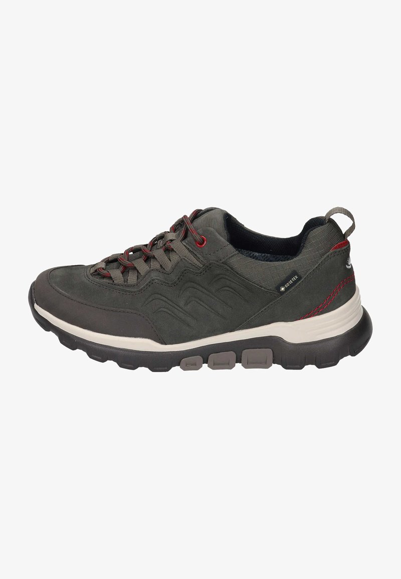 Men's grey sneaker with dark accents, mesh and textile upper, textured sides, cushioned sole, and red laces. Features waterproof technology.