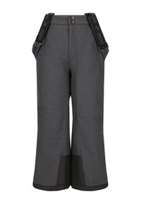 Grijze wijde broek met verstelbare zwarte bretels met een logo, twee knopen in de taille en zwarte accenten aan de zoom.