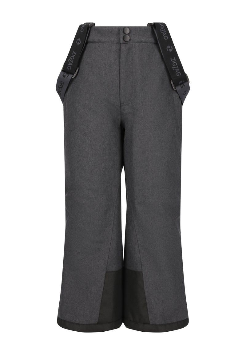 Grijze wijde broek met verstelbare zwarte bretels met een logo, twee knopen in de taille en zwarte accenten aan de zoom.