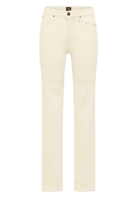 Jeans de color crema con un diseño de pierna recta. Presenta cinco bolsillos, herrajes de metal y costuras en contraste a lo largo de las costuras.