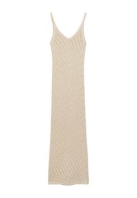 Abito maxi senza maniche in maglia beige con spalline sottili e scollo a V, caratterizzato da un motivo a rete diagonale.