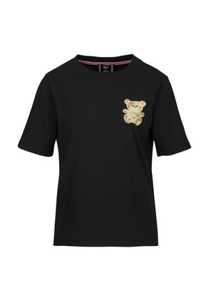 Schwarz Baumwoll-T-Shirt mit kurzen Ärmeln, das auf der linken Brust eine lichtfarbene Teddybär-Grafik zeigt. Einfacher Rundhalsausschnitt.