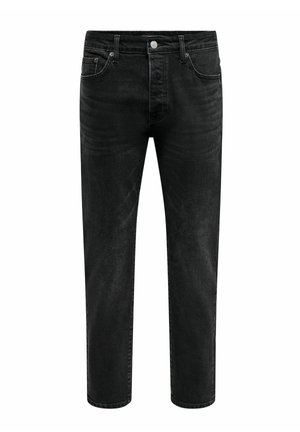 Schwarze Jeans mit geradem Bein, vorn mit Knöpfen und Reißverschluss, Gürtelschlaufen und Fünf-Taschen-Design.